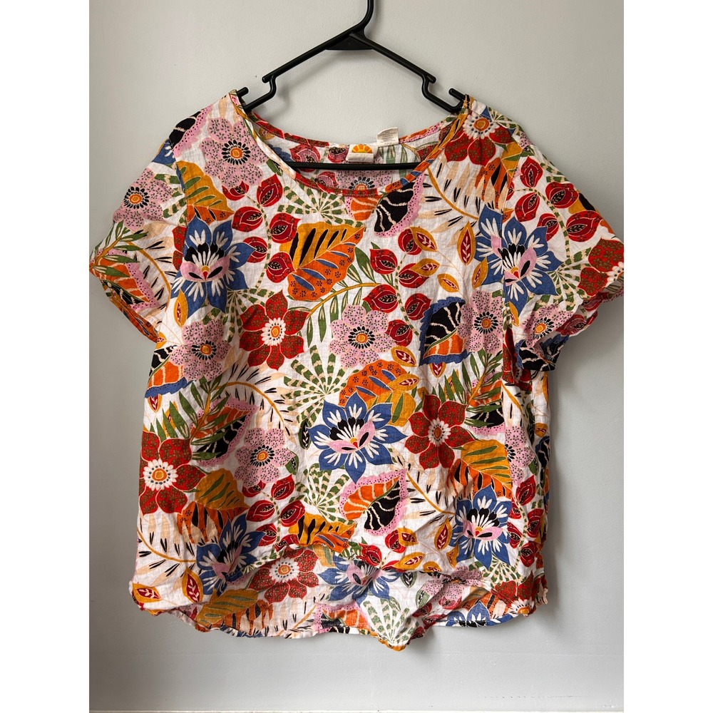 C&C California Women 1X Top Multi-Color Tropical Floral 100% Linen Short Sleeve